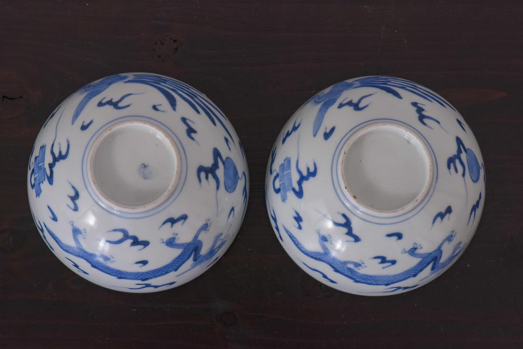 アンティーク雑貨　江戸期　伊万里　鳳凰　蓋付き茶碗2客セット(和食器)(R-036529)