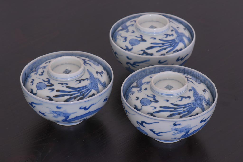 アンティーク雑貨　江戸期　伊万里　鳳凰　蓋付き茶碗3客セット(和食器)(R-036530)