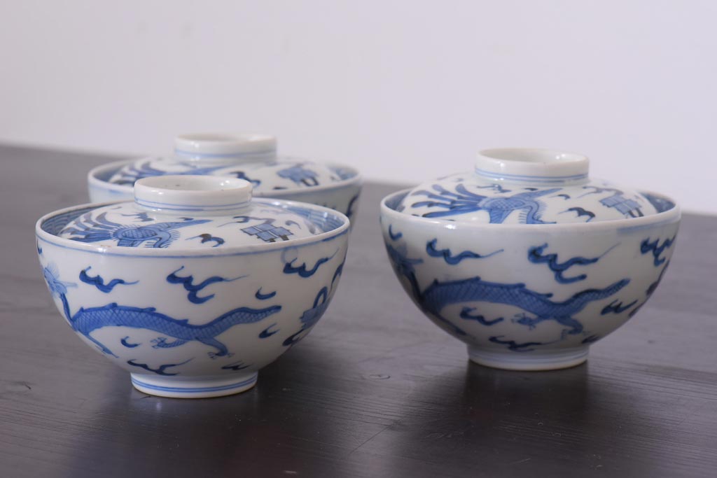 アンティーク雑貨　江戸期　伊万里　鳳凰　蓋付き茶碗3客セット(和食器)(R-036530)
