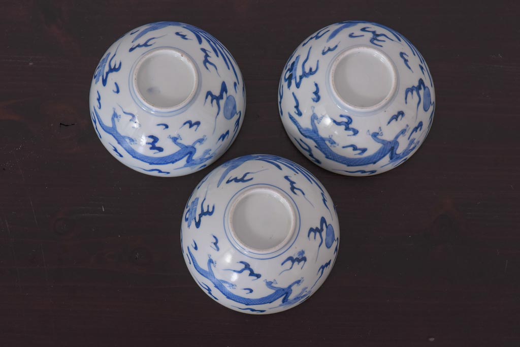 アンティーク雑貨　江戸期　伊万里　鳳凰　蓋付き茶碗3客セット(和食器)(R-036530)