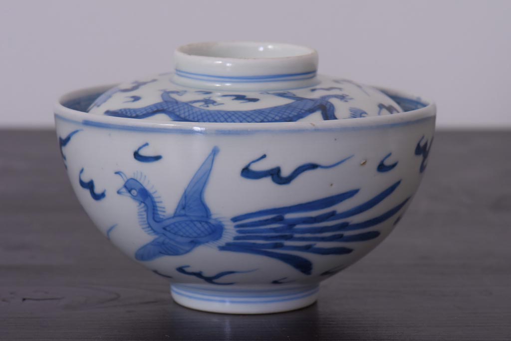 アンティーク雑貨　江戸期　伊万里　鳳凰　蓋付き茶碗3客セット(和食器)(R-036530)