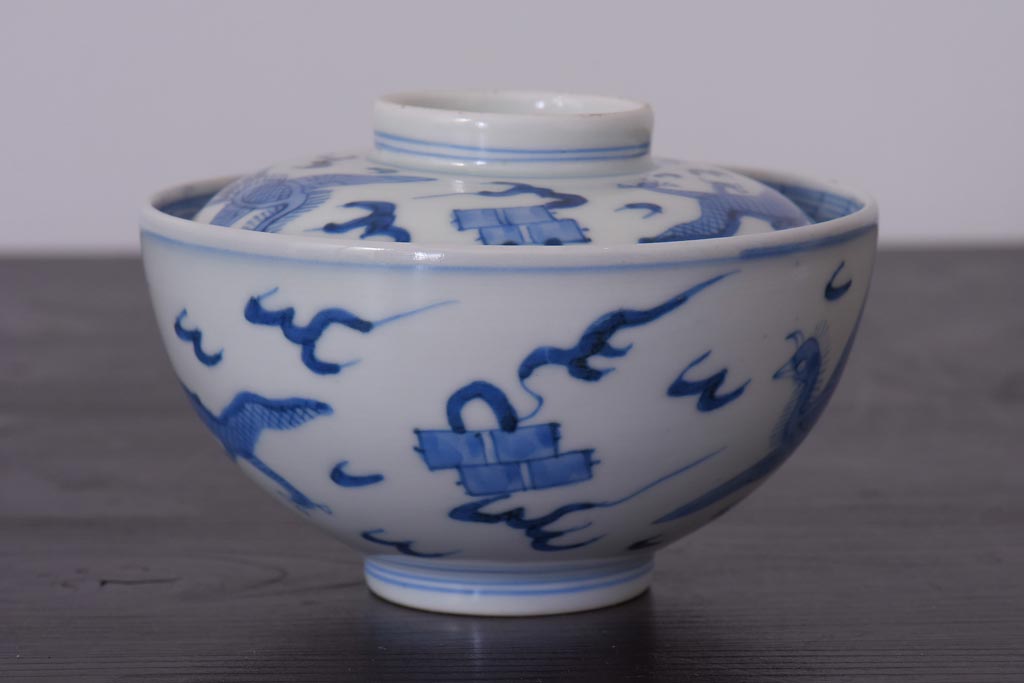 アンティーク雑貨　江戸期　伊万里　鳳凰　蓋付き茶碗3客セット(和食器)(R-036530)