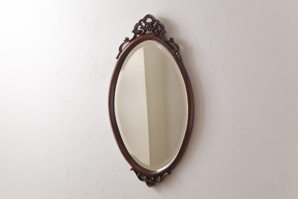 ビンテージ雑貨　フランスヴィンテージ　マホガニー材　飴色の木枠のウォールミラー(壁掛け鏡)