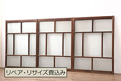 アンティーク建具　シンプルな木製フレームのガラス戸3枚セット(窓、引き戸)(R-036548)
