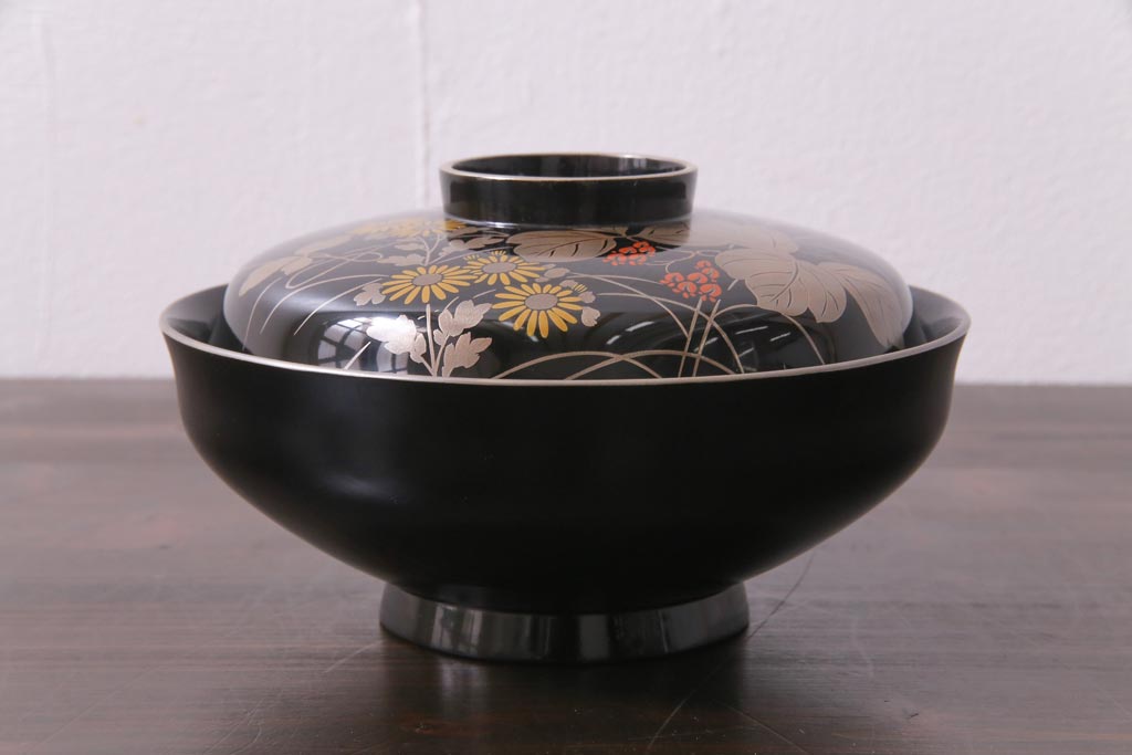 昭和期　輪島塗　涛華堂　八井珠蔵　黒塗銀地秋草描金　蒔絵　木製盛器・箱付き(菓子鉢、漆器)(R-036565)