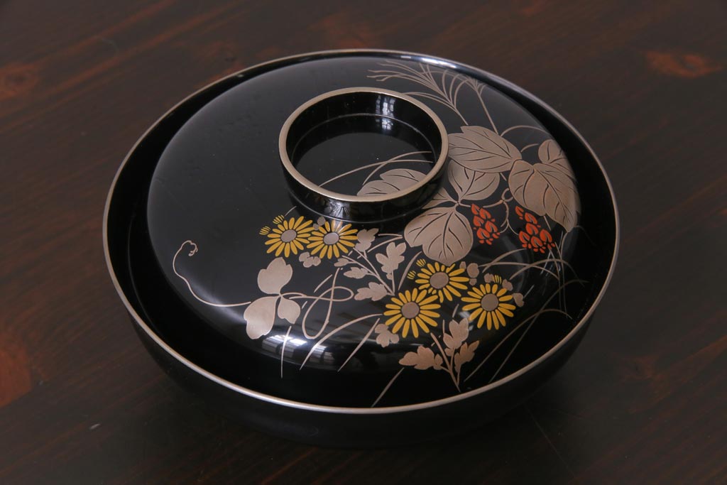 昭和期　輪島塗　涛華堂　八井珠蔵　黒塗銀地秋草描金　蒔絵　木製盛器・箱付き(菓子鉢、漆器)(R-036565)