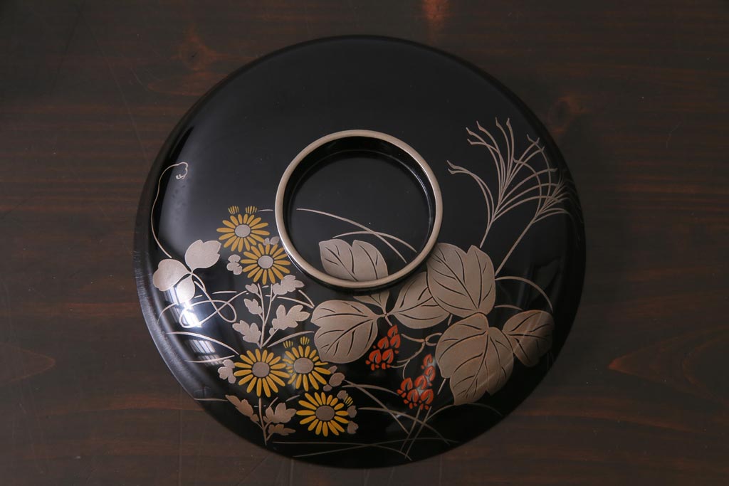 昭和期　輪島塗　涛華堂　八井珠蔵　黒塗銀地秋草描金　蒔絵　木製盛器・箱付き(菓子鉢、漆器)(R-036565)