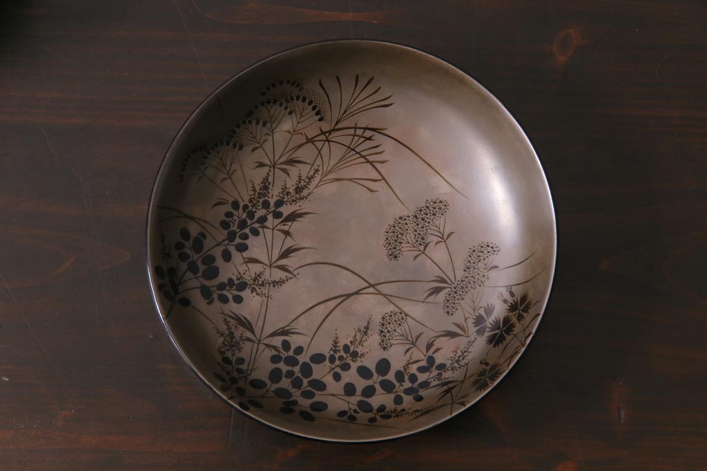 昭和期　輪島塗　涛華堂　八井珠蔵　黒塗銀地秋草描金　蒔絵　木製盛器・箱付き(菓子鉢、漆器)(R-036565)