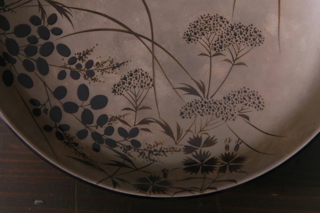 昭和期　輪島塗　涛華堂　八井珠蔵　黒塗銀地秋草描金　蒔絵　木製盛器・箱付き(菓子鉢、漆器)(R-036565)