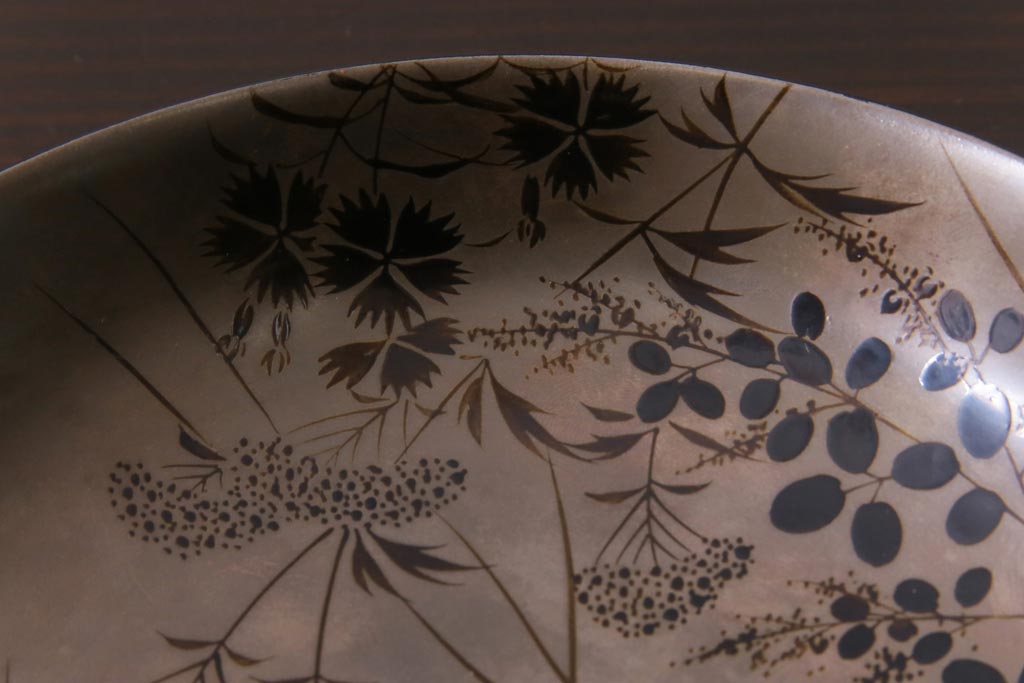 昭和期　輪島塗　涛華堂　八井珠蔵　黒塗銀地秋草描金　蒔絵　木製盛器・箱付き(菓子鉢、漆器)(R-036565)
