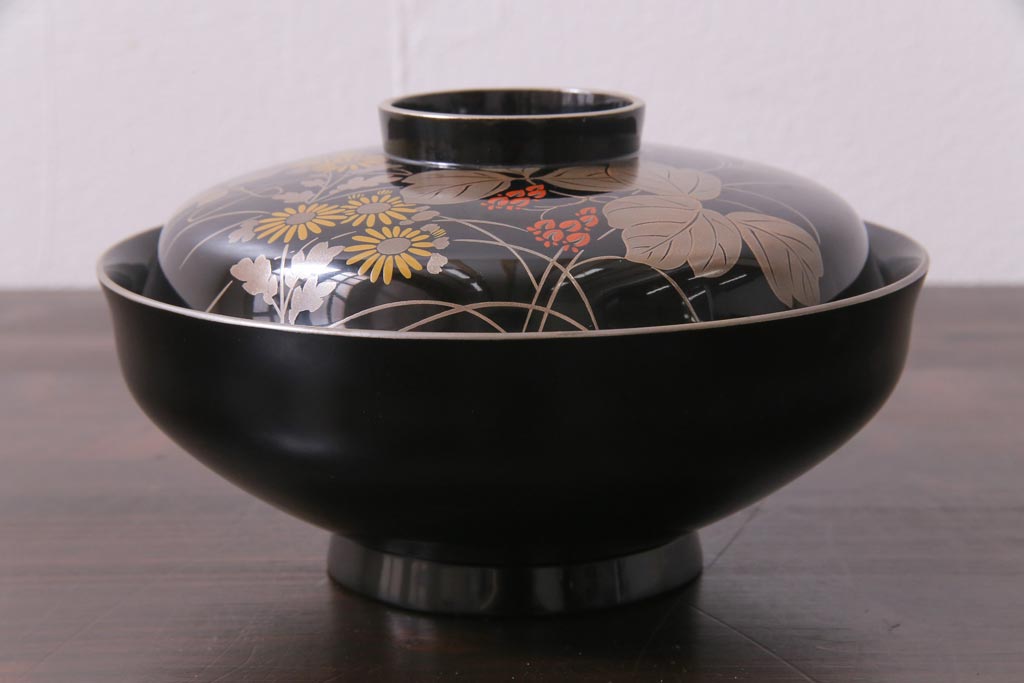昭和期　輪島塗　涛華堂　八井珠蔵　黒塗銀地秋草描金　蒔絵　木製盛器・箱付き(菓子鉢、漆器)(R-036565)