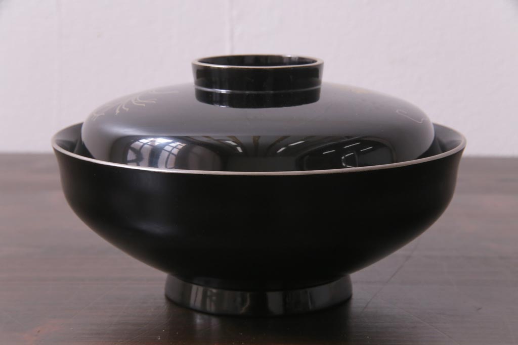 昭和期　輪島塗　涛華堂　八井珠蔵　黒塗銀地秋草描金　蒔絵　木製盛器・箱付き(菓子鉢、漆器)(R-036565)