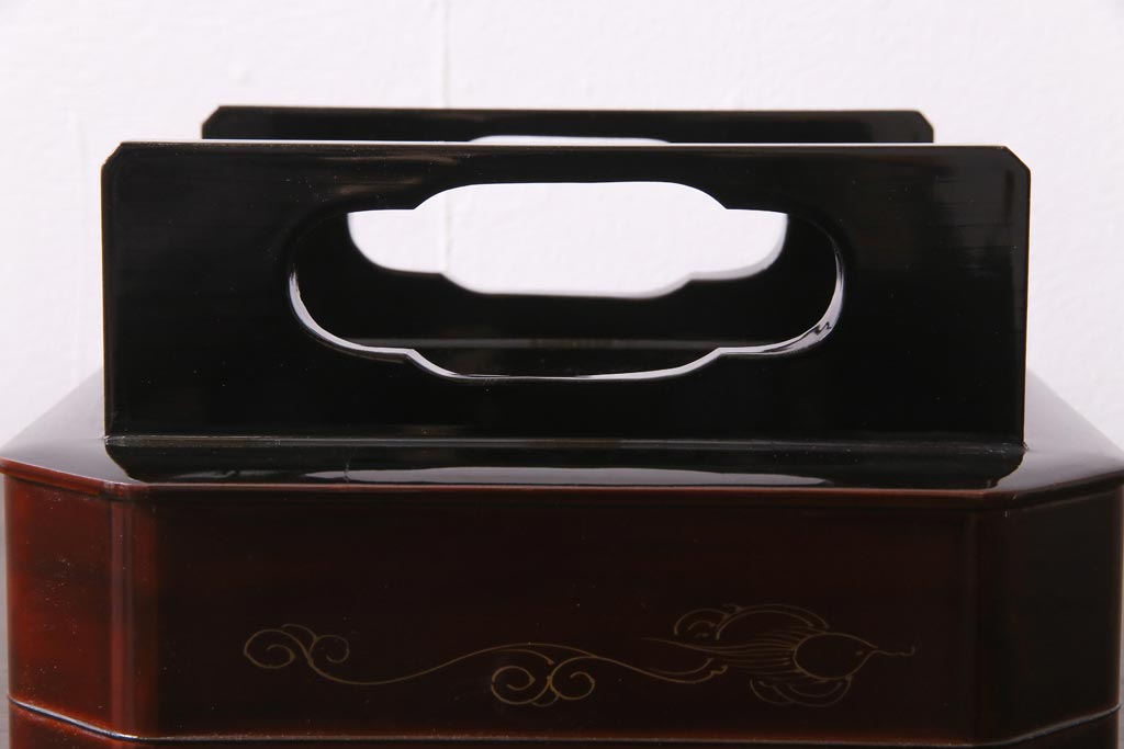 古民具　明治大正期　鶴蒔絵　木製菓子器(盛器、漆器)(R-036568)
