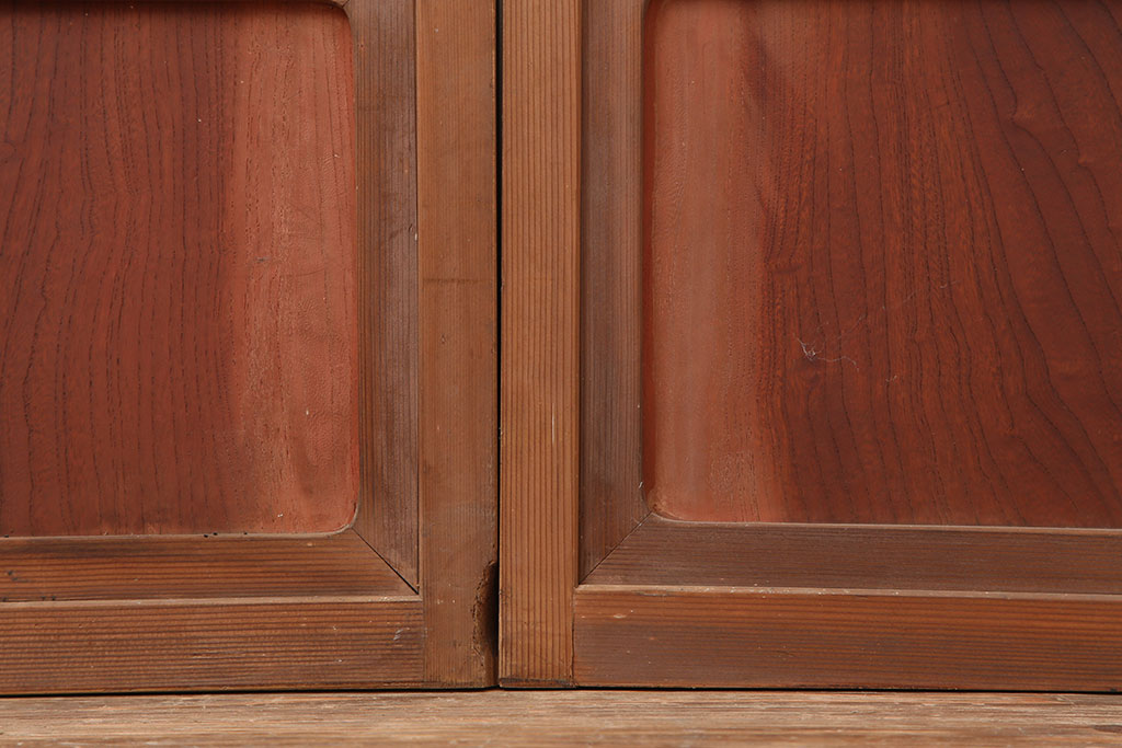 アンティーク建具　腰板ケヤキ材　横額入り障子戸2枚セット(ガラス帯戸、引き戸、建具)(R-036765)