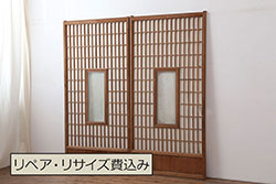 アンティーク建具　木味が魅力の縦額入り障子戸2枚セット(引き戸、建具)(R-036776)
