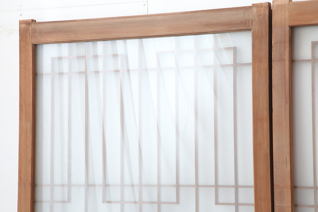 アンティーク建具　腰板ケヤキ　組子が魅力の大額入りガラス戸4枚セット(引き戸、建具)(R-036781)