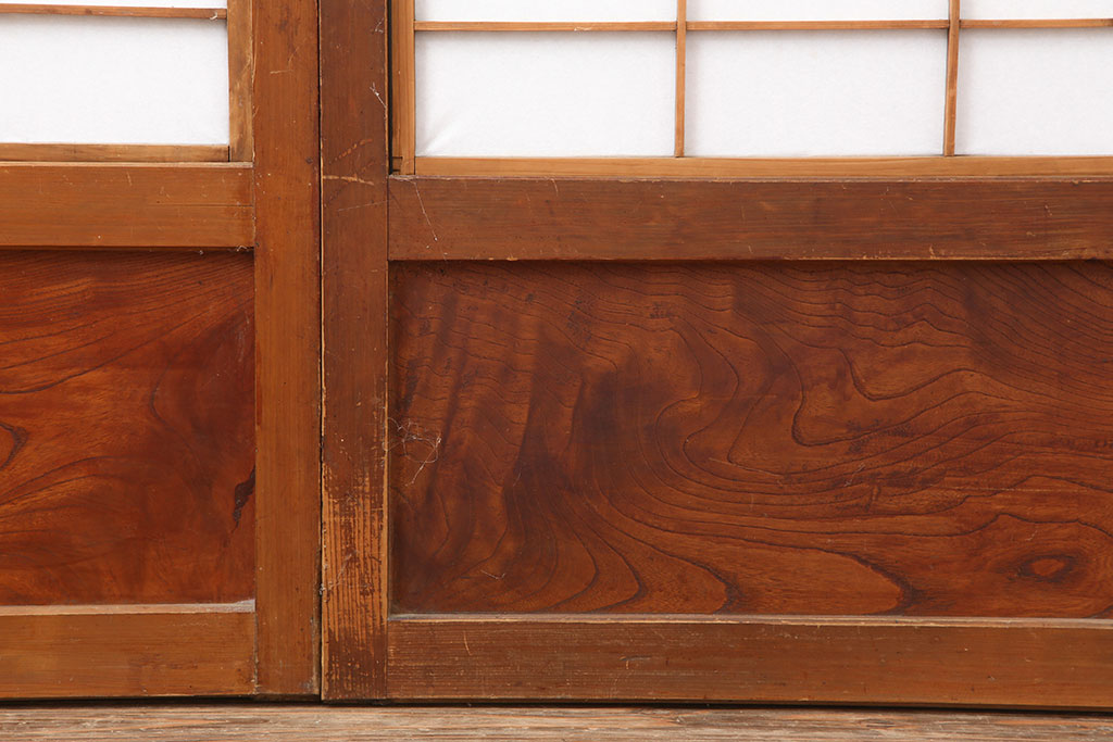 アンティーク建具　腰板ケヤキ　裏障子付き　桟が存在感を放つ格子戸2枚セット(ガラス帯戸、引き戸、建具)(R-036782)