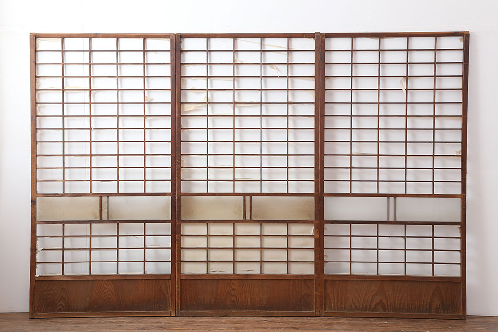 アンティーク建具　昭和初期　シンプルな木製フレームの障子戸3枚セット(ガラス帯戸、建具、引き戸)(R-036790)