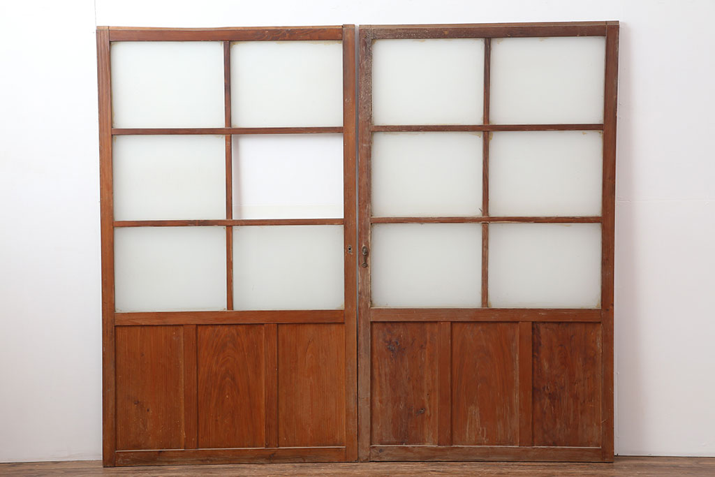 アンティーク建具　昭和初期　レトロな雰囲気が魅力の大きな窓2枚セット(建具、引き戸)(R-036791)