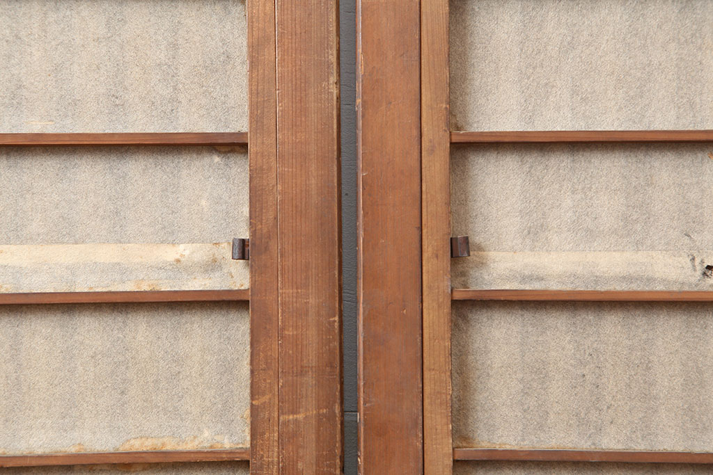 アンティーク建具　大正昭和初期　裏障子付き　縦桟が品のある雰囲気醸し出す格子戸2枚セット(ガラス帯戸、建具、引き戸)(R-036792)