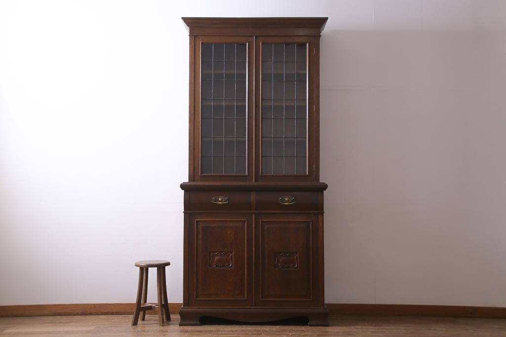 アンティーク家具 ステンドグラスが上品なイギリスアンティークのオーク材製ブックケース(カップボード、収納棚、キャビネット)(R-036817)  ラフジュ工房