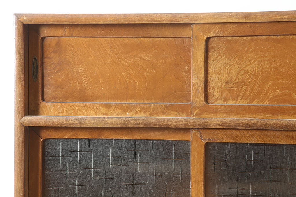 レトロ家具　昭和中期　レトロガラスがおしゃれな食器棚(キャビネット、収納棚)(R-036883)