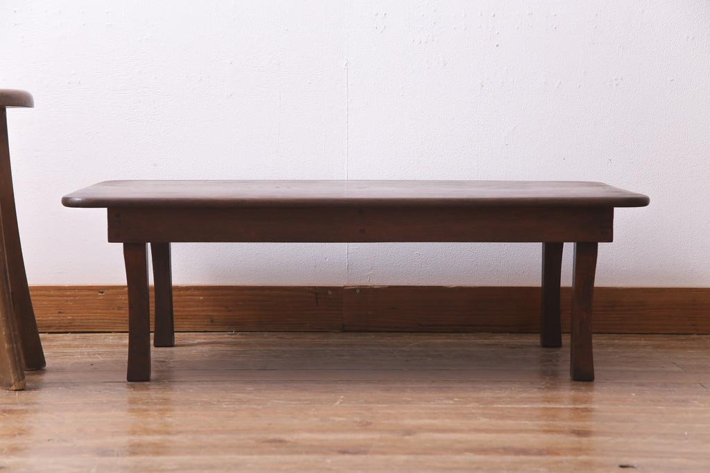 昭和レトロ家具　栓材一枚板　懐かしさ漂う角ちゃぶ台(座卓、ローテーブル)(R-036933)