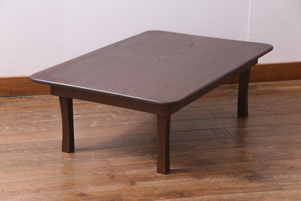 昭和レトロ家具　栓材一枚板　懐かしさ漂う角ちゃぶ台(座卓、ローテーブル)(R-036933)