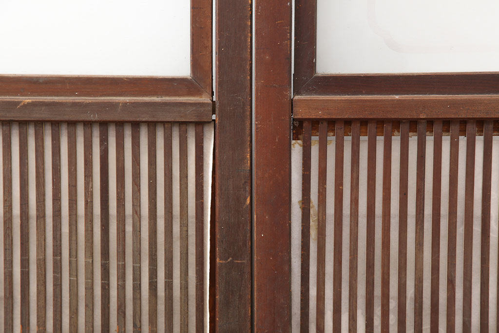 アンティーク建具　腰板ケヤキ材　裏障子付き!上品な和の空間づくりにおすすめな格子戸4枚セット(建具、引き戸)(R-037003)