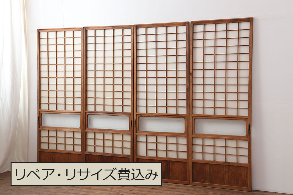 アンティーク建具　昭和初期　レトロ　細身の障子戸4枚セット(引き戸)(R-037041)