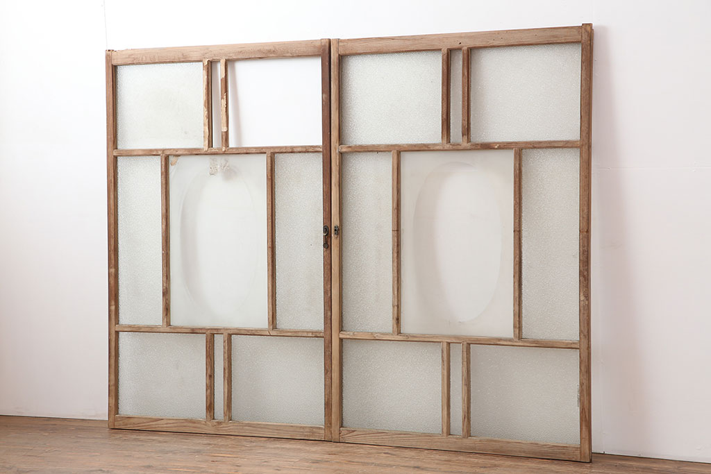 アンティーク建具　ダイヤガラス　素朴な風合いのレトロな窓2枚セット(ガラス戸、引き戸、建具)(R-037056)