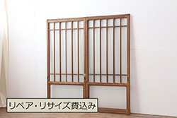 組子帯戸4枚をリペア&カスタム!高さと幅をリサイズし、レーザー加工による組子デザインの枠を製作。表はクリアガラス、裏はすりガラスに交換。色味は当店商品を参考に着色。(引き戸、帯戸)