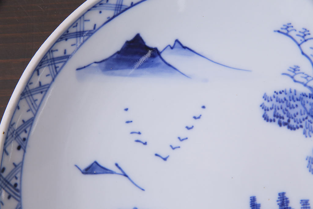 アンティーク雑貨　明治期　山水図　九谷　8寸染付皿3枚セット(和食器)(R-037196)