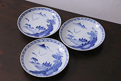 幕末〜明治期　伊万里焼　金襴手　色絵　染付　花桃文　5.4寸皿　約16.5cm　煌びやかで豪華な絵付けの深皿3枚セット(五寸四分、和皿、中皿、和食器)(R-062115)