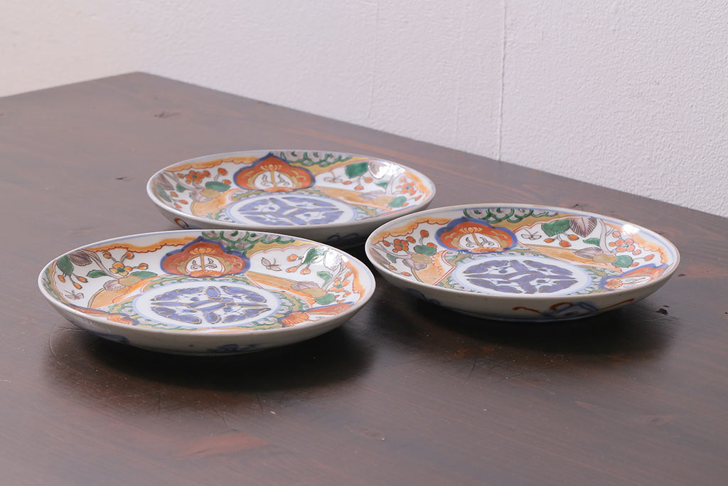 アンティーク雑貨　明治期　色絵　伊万里　6寸3分皿3枚セット(和食器)(R-037198)