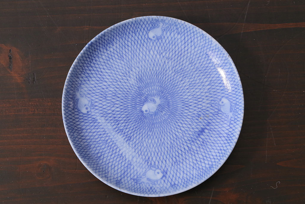 アンティーク雑貨　大正昭和初期　図変わり金魚図　印判皿3枚セット(和食器、小皿)(R-037201)