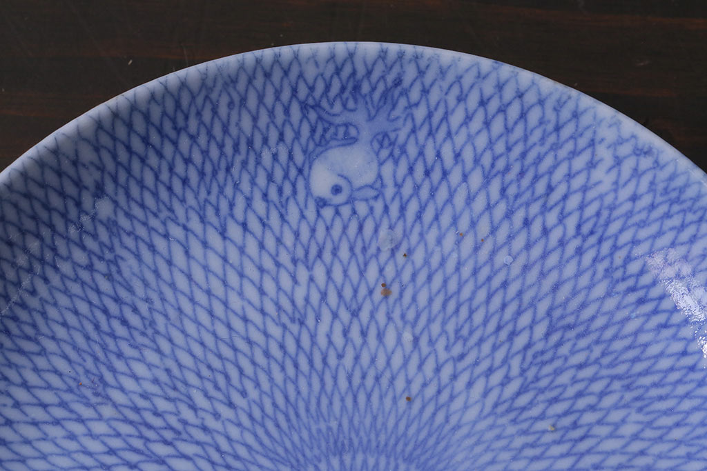 アンティーク雑貨　大正昭和初期　図変わり金魚図　印判皿2枚セット(和食器、小皿)(R-037202)