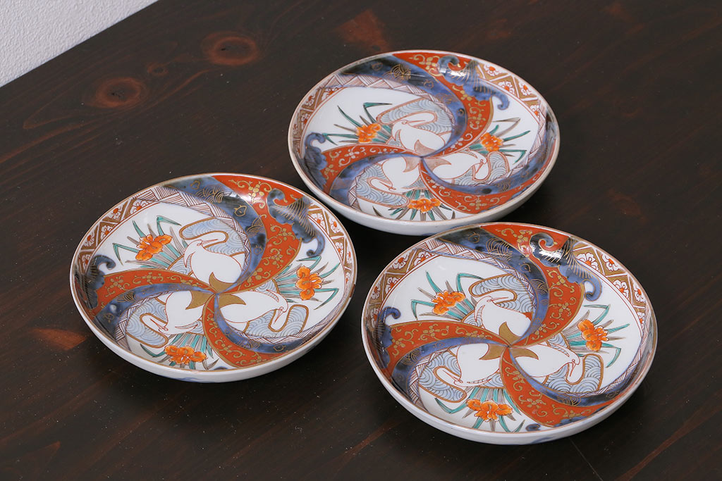 アンティーク雑貨　上手　明治期　色絵ねじり文5寸皿3枚セット(和食器)(R-037203)