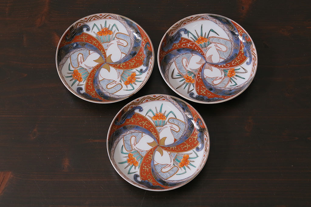 アンティーク雑貨　上手　明治期　色絵ねじり文5寸皿3枚セット(和食器)(R-037203)
