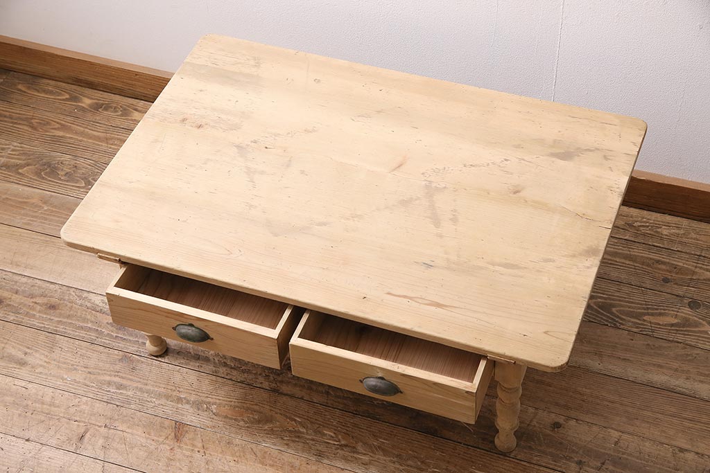 アンティーク家具　昭和初期　ストリップド(剥離)　ヒノキ材　和洋折衷な文机(ローテーブル)(R-037205)