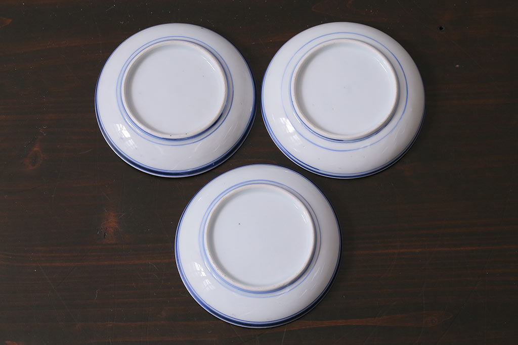 アンティーク雑貨　幕末~明治　花蝶図　染付　3.5寸小皿3枚セット(和食器)(R-037219)