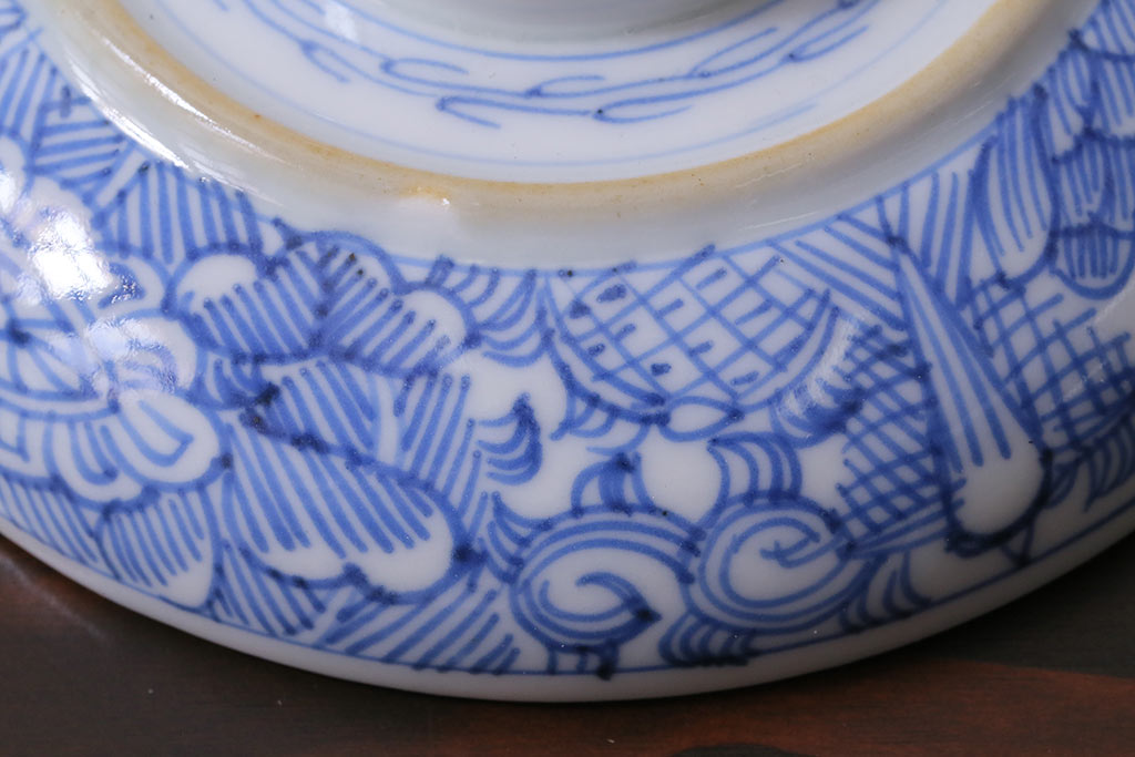 アンティーク雑貨　幕末明治期　線描染付　細かな図柄が味わい深い蓋付茶碗3客セット(和食器)(R-037229)