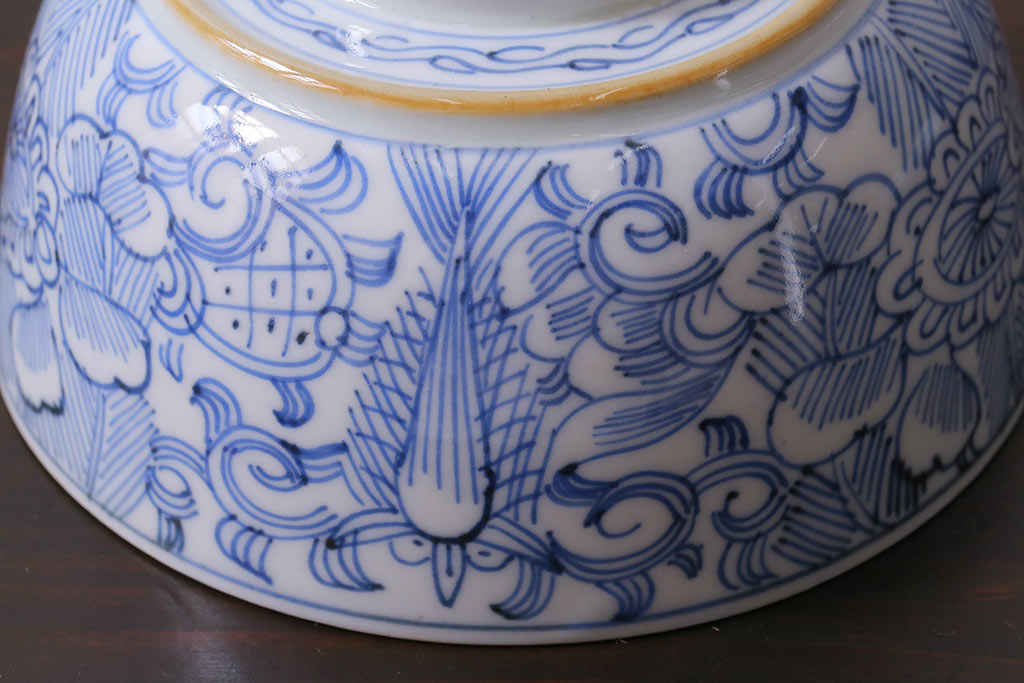 アンティーク雑貨　幕末明治期　線描染付　細かな図柄が味わい深い蓋付茶碗3客セット(和食器)(R-037229)