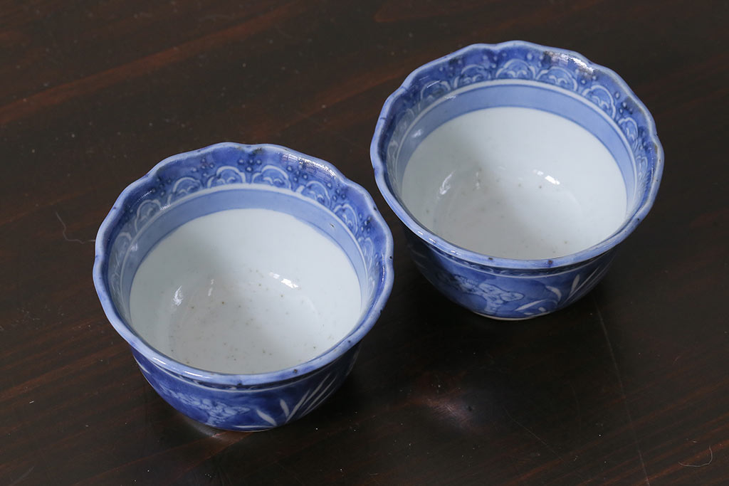 アンティーク雑貨　江戸期　古伊万里　染付　湯呑2客セット(向付、蕎麦猪口)(R-037236)
