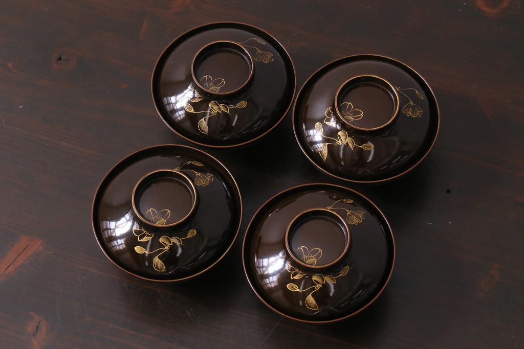 アンティーク雑貨　昭和初期　金彩　桜の花が描かれた木製椀4客セット(和食器)(R-037382)