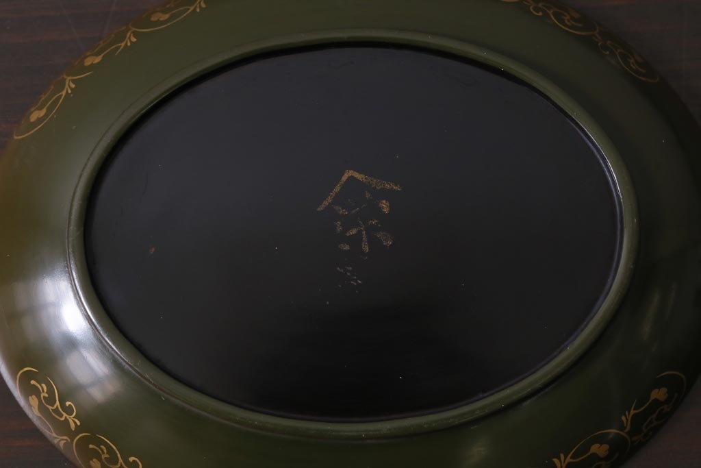 アンティーク雑貨　昭和初期　大内塗　深みのある緑色がシックな印象の木製皿6枚セット(漆器、和食器)(R-037384)