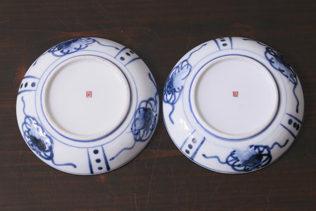 アンティーク雑貨　江戸期　角福　染付小皿2枚セット(和食器)(R-037386)