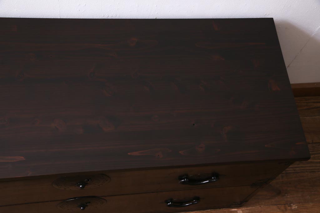 アンティーク家具　明治期　前面栗材　天板リメイク　桜丸金具の米沢箪笥ローチェスト(引き出し)(R-037399)