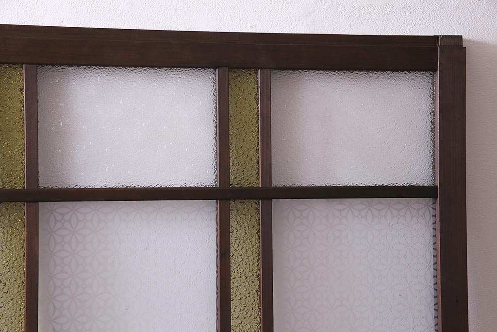 アンティーク建具　レトロ　大正昭和初期　当時物色ガラス入り　ガラス戸(引き戸)2枚セット(R-037486)