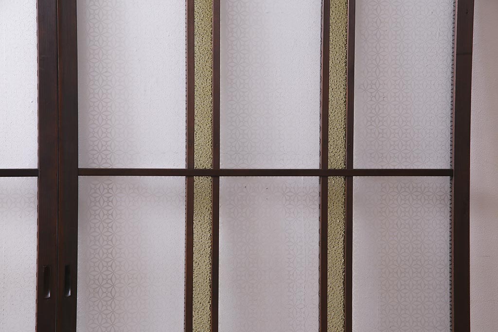 アンティーク建具　レトロ　大正昭和初期　当時物色ガラス入り　ガラス戸(引き戸)2枚セット(R-037486)